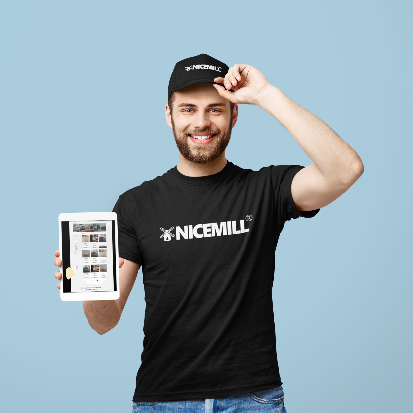 t shirt and dad hat mockup featuring a man holding an ipad mini 42674 r el2